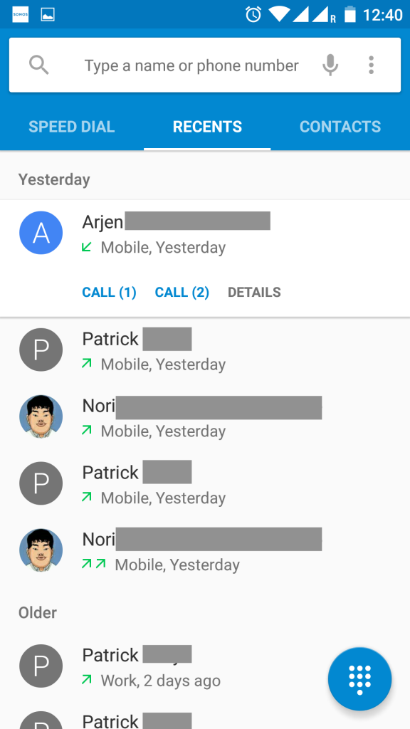 通話履歴の画面。ご覧の通り、「Call(1)」と「Call(2)」と通話する際のSIMが選択できる。